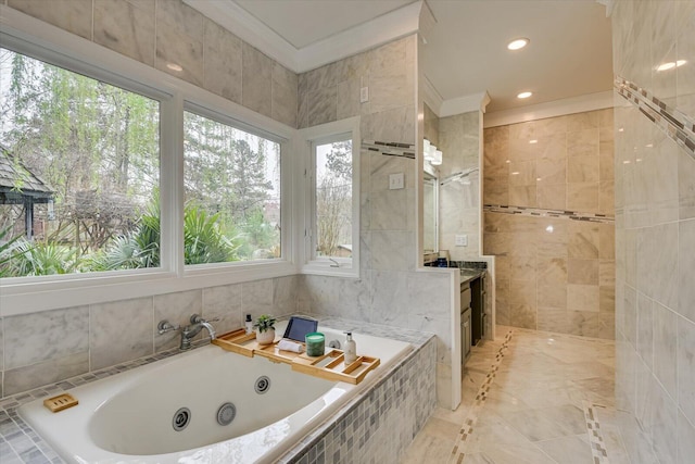 4512 Hardy Mcmanus Rd, Evans, GA 30809 - bathroom featuring vanity, crown molding, tile walls, recessed lighting, and a whirlpool tub
