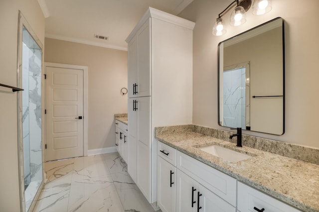 bathroom with visible vents, baseboards, ornamental molding, marble finish floor, and vanity