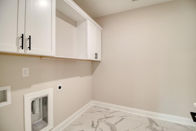 laundry area featuring marble finish floor, washer hookup, cabinet space, baseboards, and hookup for an electric dryer