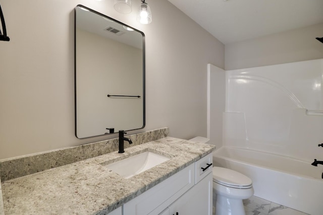 full bath with visible vents, shower / washtub combination, toilet, marble finish floor, and vanity