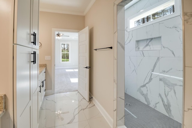 full bathroom featuring a marble finish shower, crown molding, marble finish floor, and a wealth of natural light