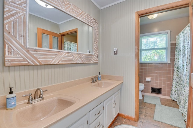 3114 Sussex Rd, Augusta, GA 30909 - full bath featuring tile patterned flooring, double vanity, ornamental molding, and curtained shower