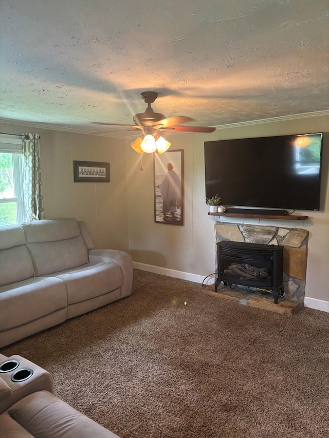 2023 Gamble School Rd, Stapleton, GA 30823 - living area with ceiling fan, a textured ceiling, carpet flooring, and baseboards