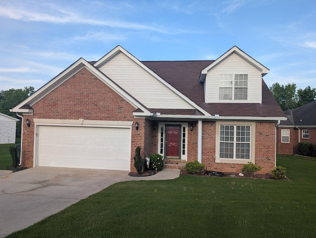 traditional-style home with brick siding, a front lawn, concrete driveway, and a garage