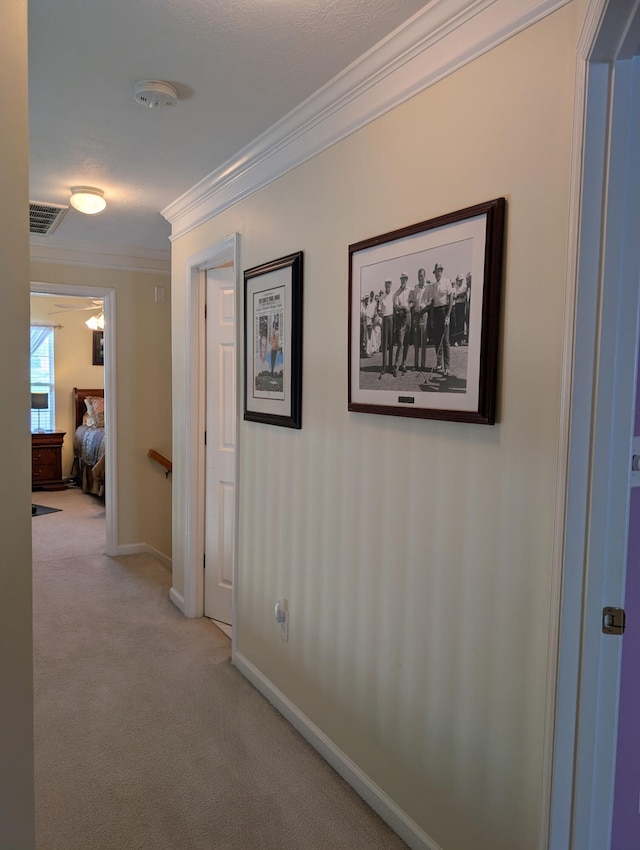 corridor featuring ornamental molding, carpet, and baseboards