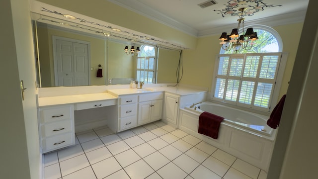 bathroom featuring tile patterned flooring, vanity, a tub to relax in, and an inviting chandelier