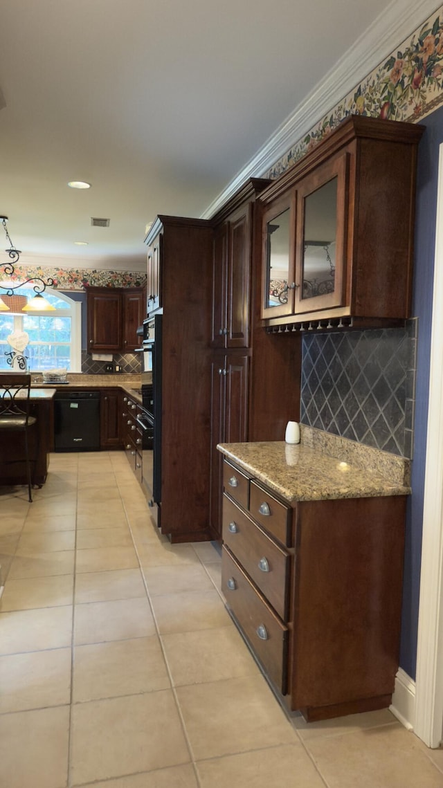 kitchen with light stone counters, dark brown cabinets, crown molding, light tile patterned floors, and dishwasher