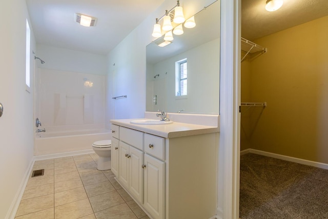 full bathroom featuring visible vents, toilet,  shower combination, and vanity