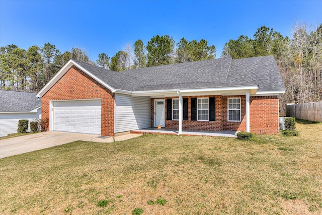 single story home featuring fence, concrete driveway, a front lawn, a garage, and brick siding