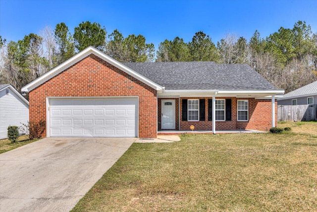 ranch-style house featuring covered porch, concrete driveway, a front lawn, a garage, and brick siding