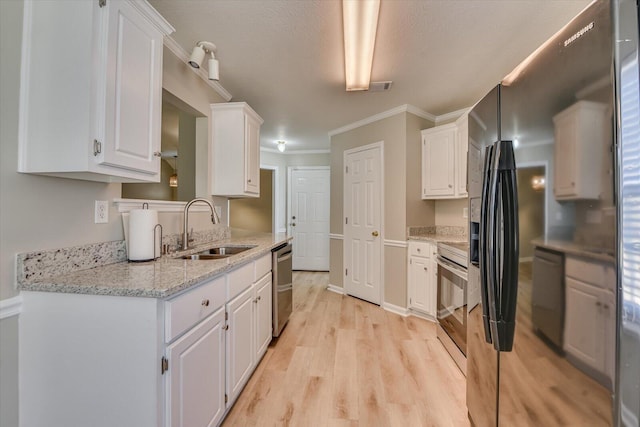 kitchen with white cabinetry, a sink, range with electric stovetop, dishwasher, and black refrigerator with ice dispenser