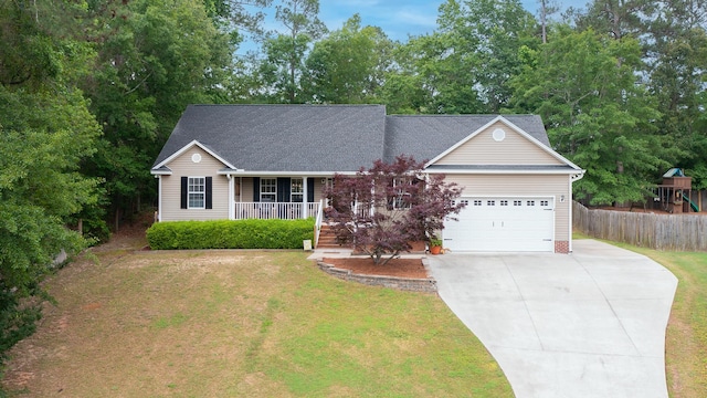 ranch-style home featuring concrete driveway, an attached garage, a porch, and a shingled roof