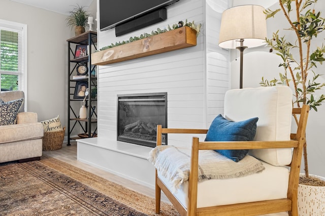 living area featuring a glass covered fireplace
