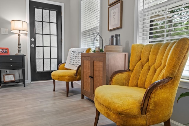 sitting room with light wood-style floors, healthy amount of natural light, and baseboards