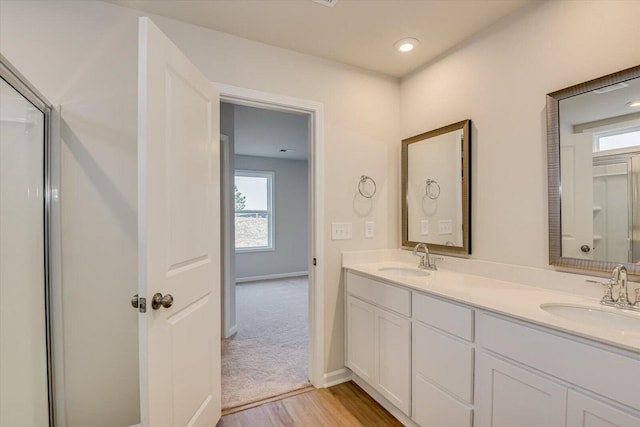 full bathroom featuring double vanity, baseboards, a sink, and wood finished floors