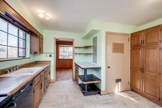 kitchen featuring visible vents, a sink, open shelves, black dishwasher, and range