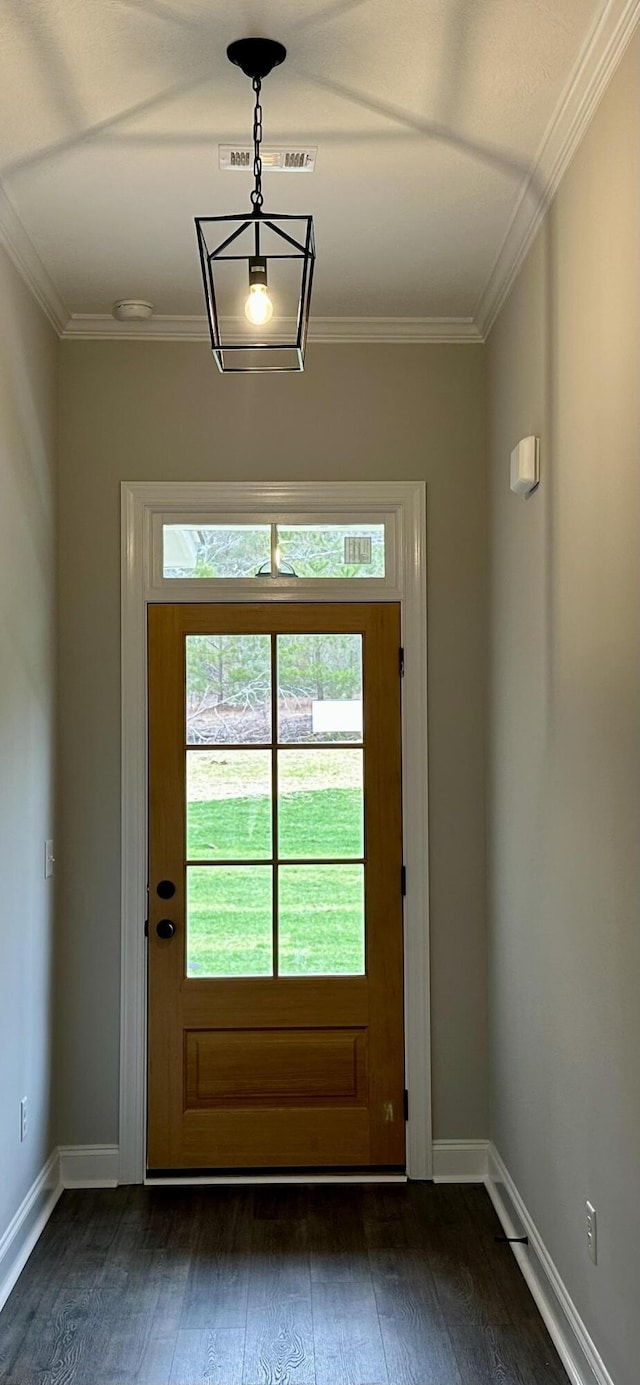 doorway featuring crown molding and dark wood-type flooring