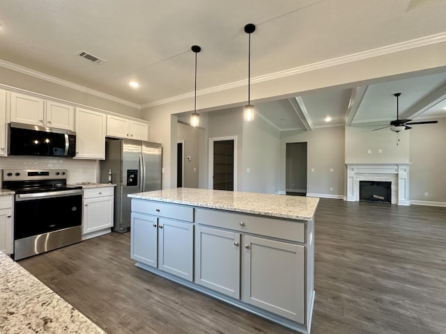 kitchen with white cabinetry, light stone counters, dark hardwood / wood-style floors, decorative light fixtures, and appliances with stainless steel finishes