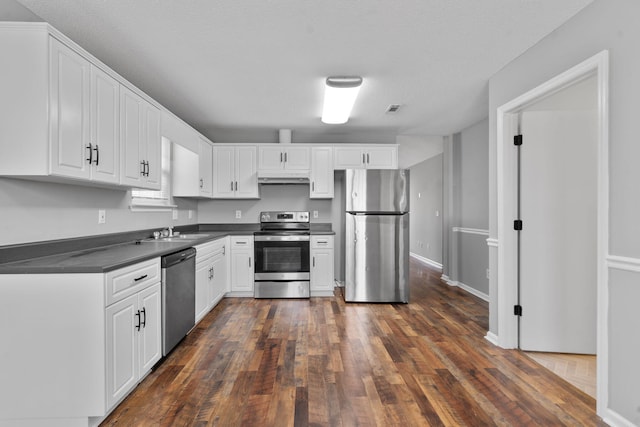 3363 Saddlebrook Dr, Hephzibah, GA 30815 - kitchen featuring appliances with stainless steel finishes, dark countertops, a sink, under cabinet range hood, and white cabinets