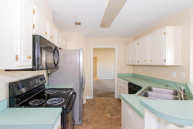 kitchen featuring white cabinetry, sink, and black appliances