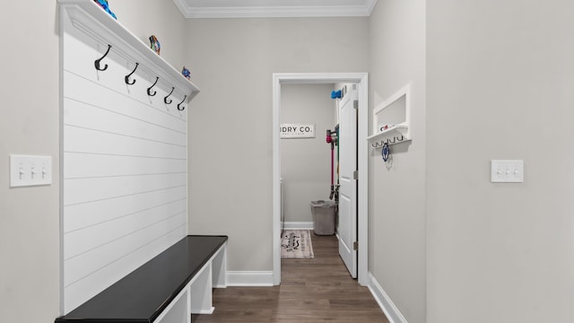 mudroom featuring dark hardwood / wood-style floors and ornamental molding