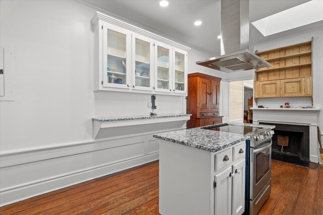 946 Milledge Rd, Augusta, GA 30904 - kitchen featuring island range hood, stainless steel electric range, dark wood-type flooring, a center island, and recessed lighting