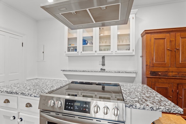 946 Milledge Rd, Augusta, GA 30904 - kitchen featuring electric range, light stone counters, glass insert cabinets, and crown molding