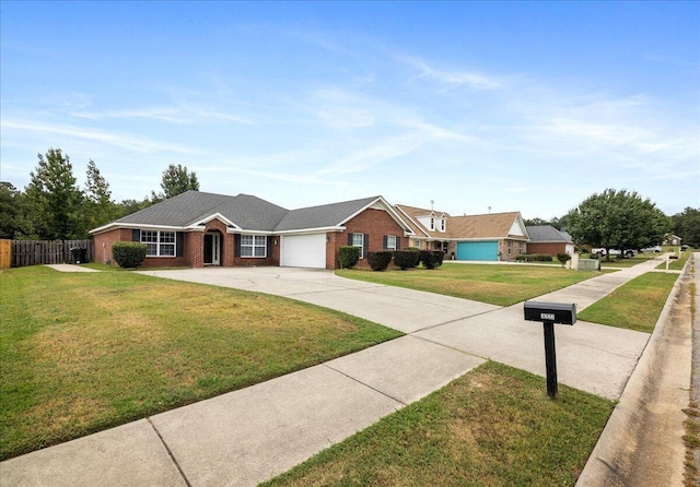 single story home with a front lawn and a garage