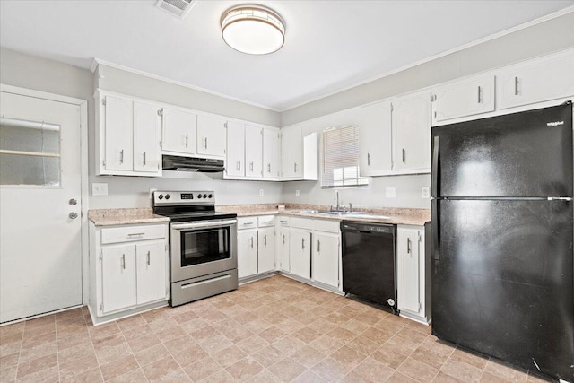 kitchen featuring white cabinets, black appliances, under cabinet range hood, and light countertops