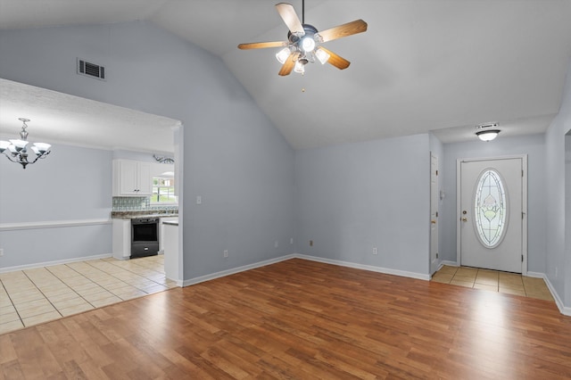 3007 Ashland Way, Grovetown, GA 30813 - entrance foyer with light wood finished floors, a ceiling fan, lofted ceiling, a chandelier, and baseboards