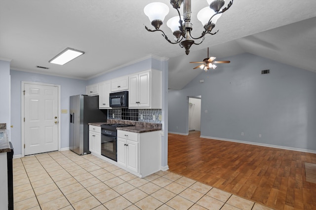 3007 Ashland Way, Grovetown, GA 30813 - kitchen with black appliances, white cabinets, ceiling fan, backsplash, and a chandelier