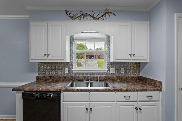 3007 Ashland Way, Grovetown, GA 30813 - kitchen with black dishwasher, a sink, dark countertops, backsplash, and crown molding