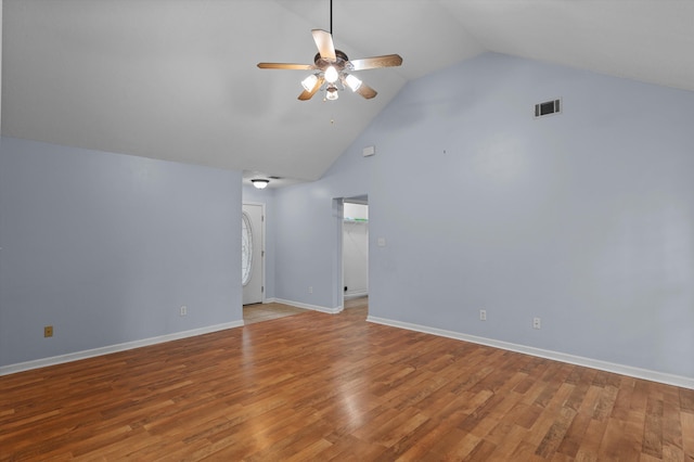 3007 Ashland Way, Grovetown, GA 30813 - empty room with ceiling fan, high vaulted ceiling, wood finished floors, and baseboards