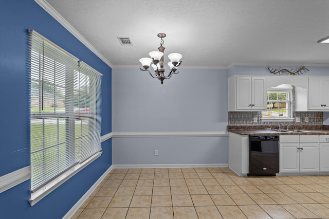 3007 Ashland Way, Grovetown, GA 30813 - kitchen featuring black dishwasher, dark countertops, a chandelier, white cabinets, and crown molding