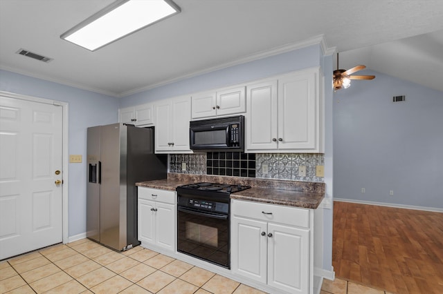3007 Ashland Way, Grovetown, GA 30813 - kitchen featuring black appliances, dark countertops, backsplash, white cabinetry, and crown molding