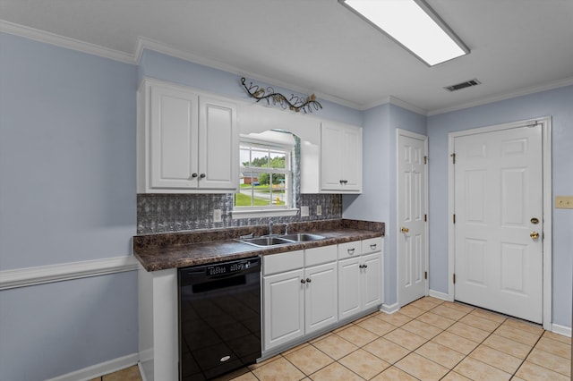 3007 Ashland Way, Grovetown, GA 30813 - kitchen with dishwasher, a sink, dark countertops, decorative backsplash, and white cabinetry