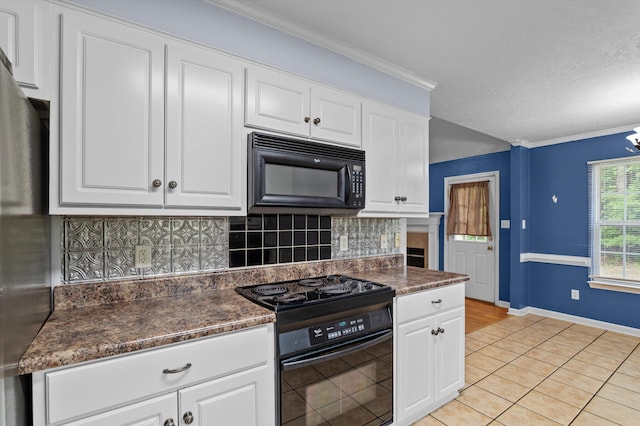 3007 Ashland Way, Grovetown, GA 30813 - kitchen with black appliances, backsplash, dark countertops, white cabinets, and crown molding