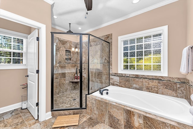 bathroom featuring crown molding, separate shower and tub, and plenty of natural light