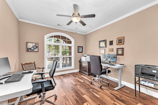 office space with crown molding, hardwood / wood-style flooring, and ceiling fan