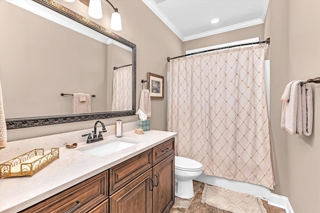 bathroom featuring vanity, curtained shower, ornamental molding, and toilet