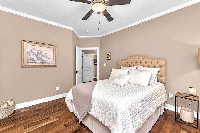 bedroom with crown molding, ceiling fan, and dark hardwood / wood-style flooring