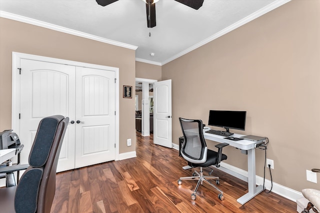 office area with ceiling fan, ornamental molding, and dark hardwood / wood-style flooring