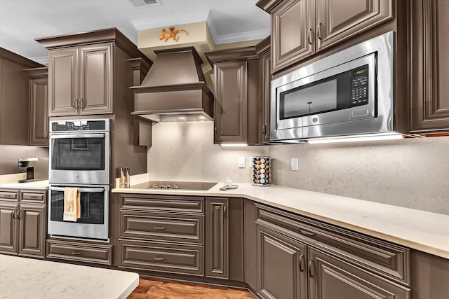 kitchen with dark brown cabinetry, ornamental molding, appliances with stainless steel finishes, custom range hood, and decorative backsplash