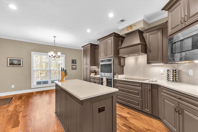 kitchen with crown molding, light wood-type flooring, appliances with stainless steel finishes, and premium range hood