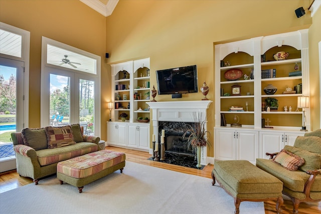 3005 Timber Woods Dr, Appling, GA 30802 - living room with a premium fireplace, plenty of natural light, light wood-style flooring, crown molding, and a high ceiling