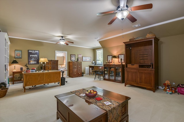3005 Timber Woods Dr, Appling, GA 30802 - living area with ceiling fan, light carpet, an office area, and ornamental molding