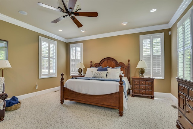 3005 Timber Woods Dr, Appling, GA 30802 - bedroom with light carpet, multiple windows, ornamental molding, ceiling fan, and recessed lighting