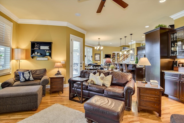 3005 Timber Woods Dr, Appling, GA 30802 - living area featuring a chandelier, a ceiling fan, light wood-type flooring, ornamental molding, and recessed lighting
