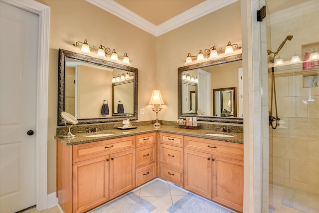 3005 Timber Woods Dr, Appling, GA 30802 - bathroom featuring ornamental molding, a stall shower, and double vanity