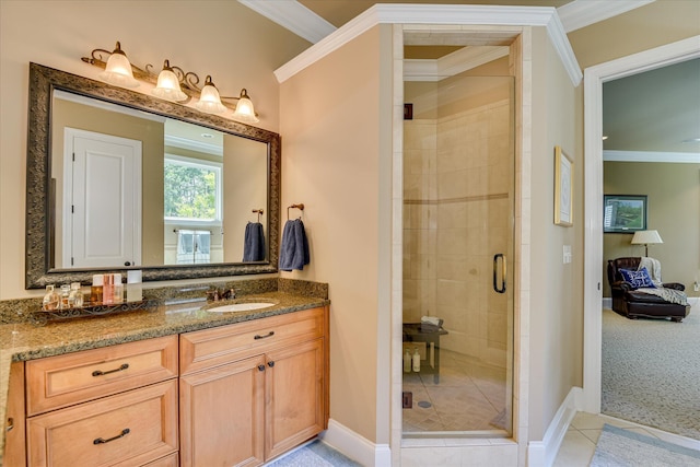 3005 Timber Woods Dr, Appling, GA 30802 - bathroom featuring ornamental molding, vanity, a shower stall, and tile patterned flooring